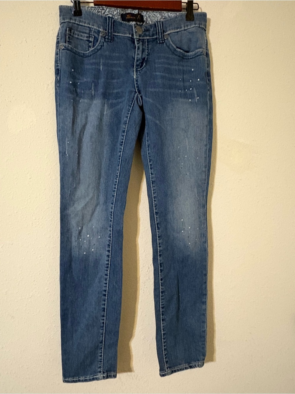 Blue Women's Slim Jeans with Distressing and Scatteted White Dots